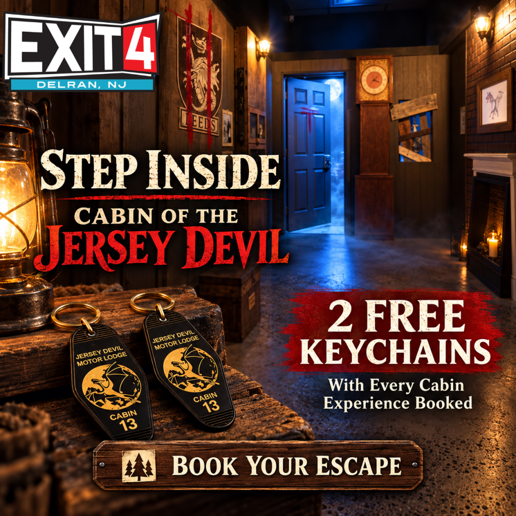 Cabin of the Jersey Devil escape room promotion with two free Cabin 13 keychains at Exit 4 Delran