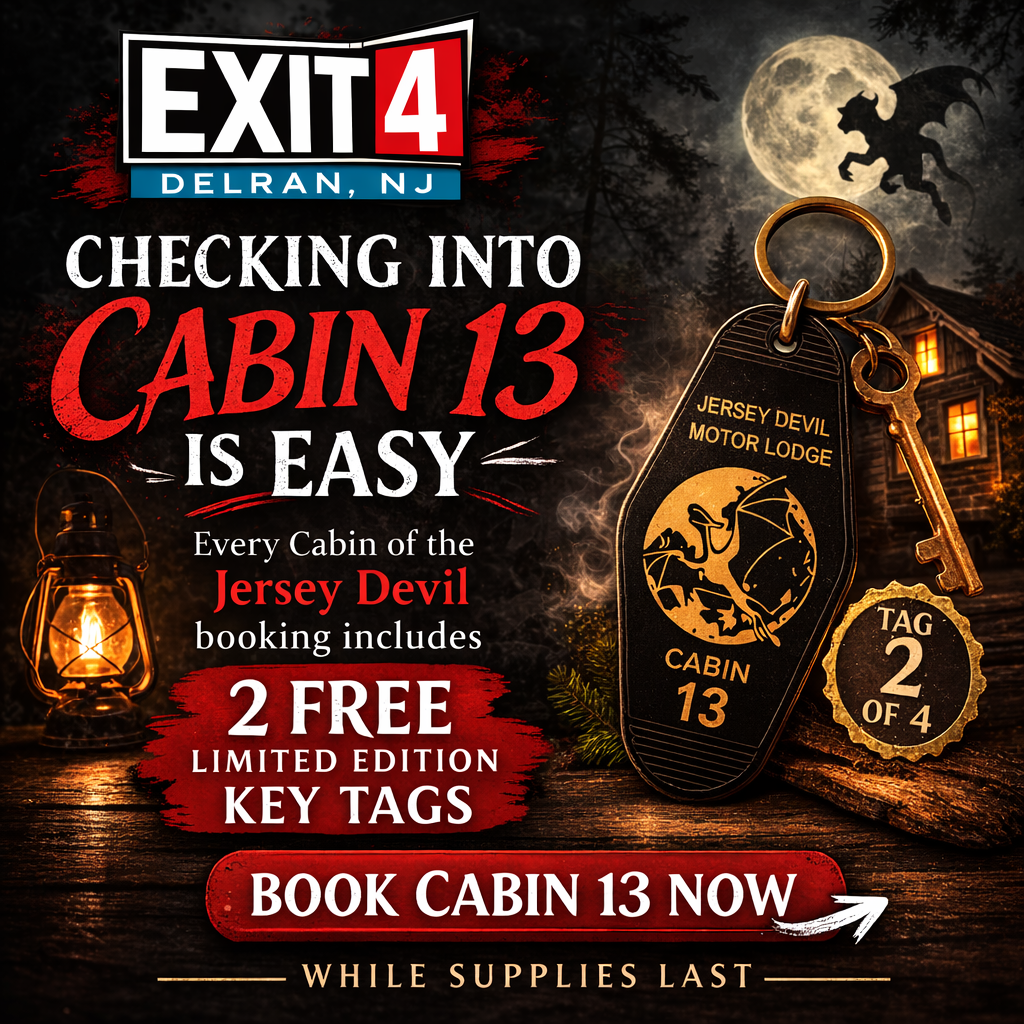 Cabin of the Jersey Devil escape room promotion at Exit 4 Escape Rooms in Delran NJ featuring Cabin 13 key tag collectible