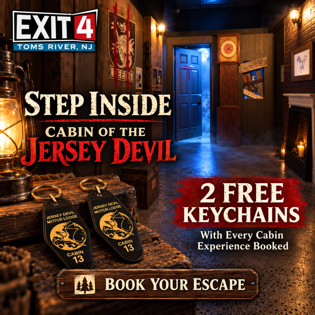 Cabin of the Jersey Devil escape room with two free keychains at Exit 4 Toms River