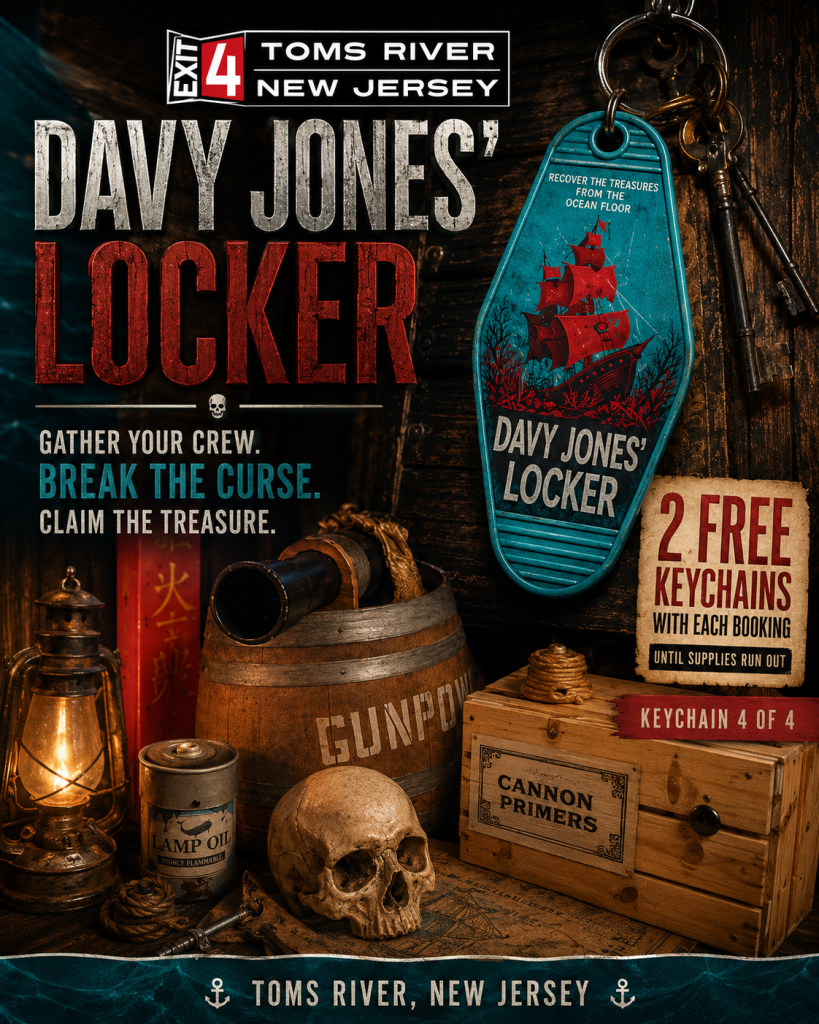 Pirate-themed Exit 4 Toms River graphic promoting Davy Jones’ Locker and 2 free collectible keychains with every booking while supplies last. The offer features the final keychain, number 4 of 4.