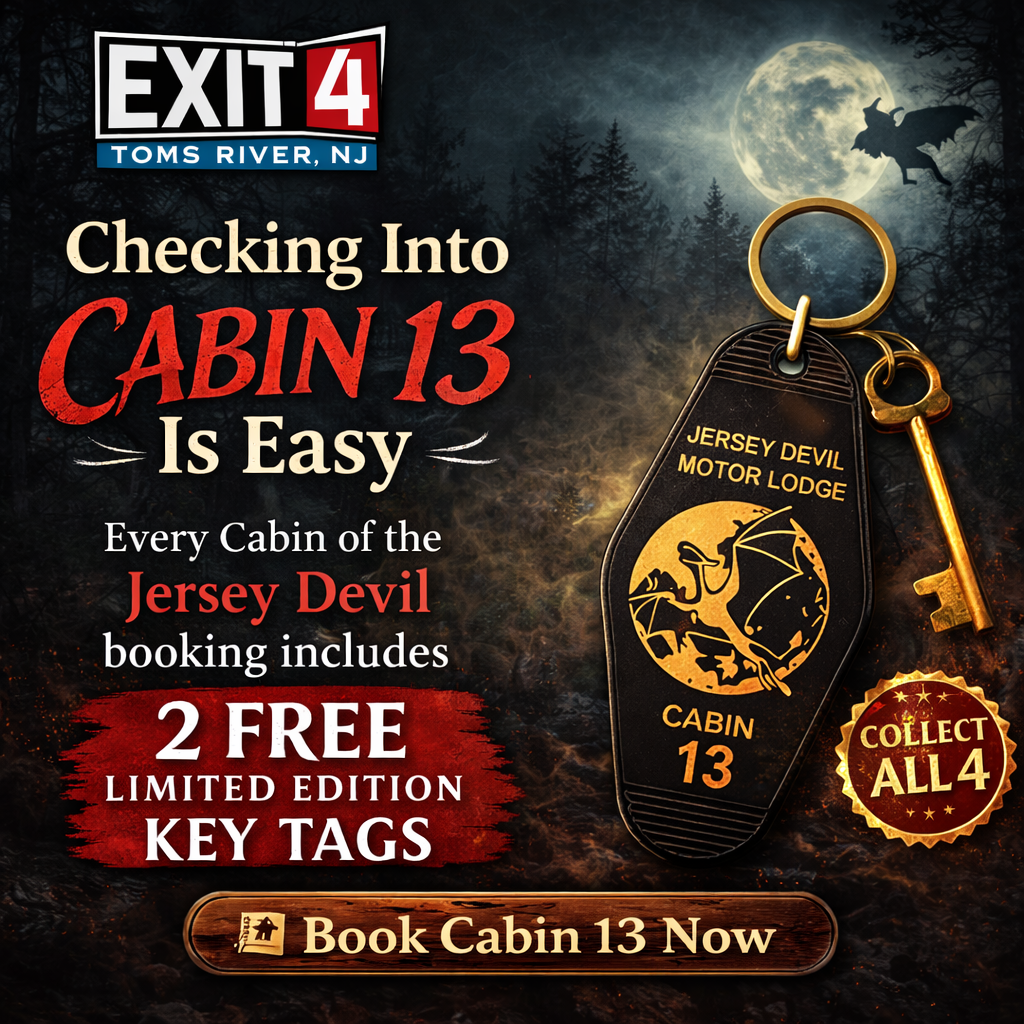 Cabin of the Jersey Devil escape room promotion at Exit 4 Escape Rooms Toms River NJ featuring Cabin 13 key tag collectible