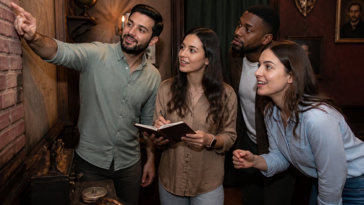 Coworkers collaborating in an escape room to improve team communication while solving a puzzle together